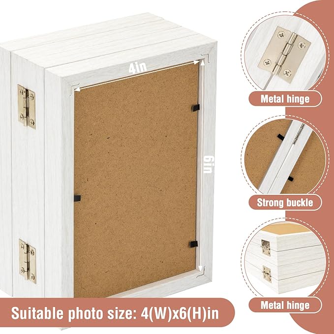 4x6 Four Picture Frame 4 Hinged Photo Frame with 4 Openings, Natural Wood Foldable Photo Frame with High Definition Acrylic for Birthday Father's Day Christmas Gift, Rustic Desk Family Picture Collage, White