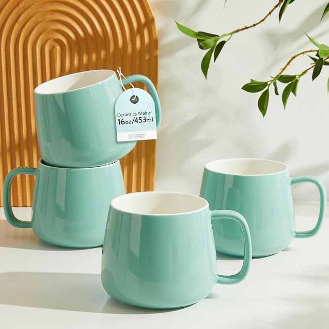 Teocera 16oz Ceramic Coffee Mugs Set of 4 ??Stackable Latte Cups, Microwave, Dishwasher & Oven Safe ??Ideal for Coffee, Cappuccino, Hot Chocolate, Housewarming Gifts, Mint Green