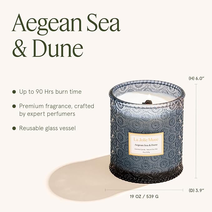 LA JOLIE MUSE Aegean Sea & Dune Candle ?밅ool Water, White Florals & Warm Amber | 19 oz Large Wooden Wick Candle | Natural Soy Wax | 90 Hours Clean Burn | Gift-Ready for Hosts & Gatherings