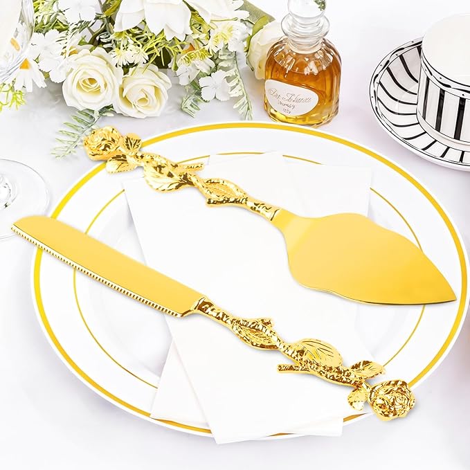 2 PCS Gold Cake Cutting Set, Wedding Cake Knife and Server Set, Vintage Engraved Cake Cutter and Serving Spatula for Wedding, Birthday, Anniversary, Party
