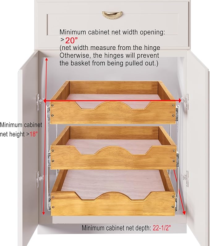 DINDON 3 Tier Pull Out Cabinet Organizer 20?쓂 X21?쒭 Slide Out Shelves With Shelf Liner for Kitchen Wood Roll Out Drawers Pantry Organization