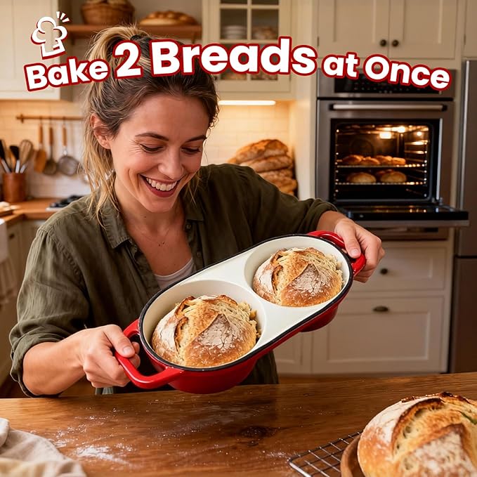 YONILL Mini Double Dutch Oven for Sourdough Bread Baking - Enameled Cast Iron Dutch Oven Pot with Lid and 5" Banneton Bread Proofing Basket Kit, Dual Round Bread Loaf Pan for Homemade Baking (Red)