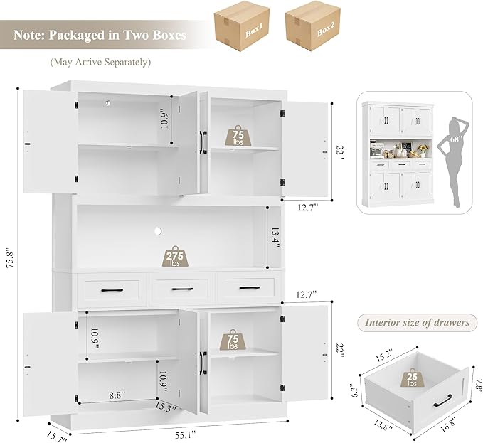 HITHOS 76" Tall Kitchen Pantry Storage Cabinet, 55??Wide Kitchen Hutch Cabinet with Storage Drawers, Large Food Pantry with Microwave Stand, Modern Cupboard with Hutch for Dining Living Room, White