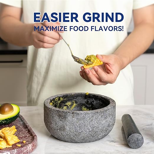 Koville Granite Mortar and Pestle Set, 7"-4 Cups Unpolished Stone Grinder Bowl for Guacamole, Salsa, Pill Crusher, Spice, Herb, Garlic, Nut, Heavy Duty Grinder for Kitchen(Angola Silver Black)