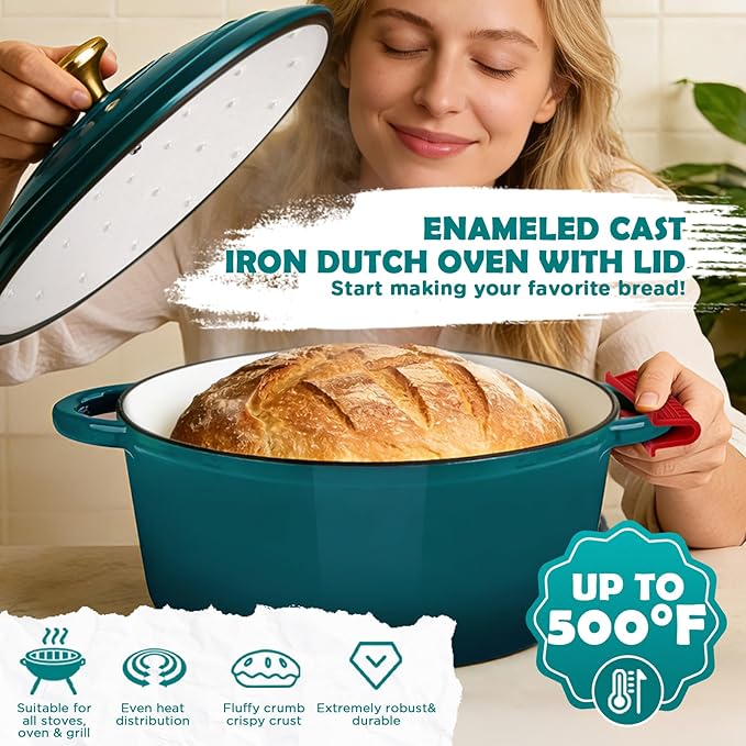Enameled Cast Iron Dutch Oven Pot with Lid, Incl. Sourdough Bread Baking Supplies Like Banneton Bread Proofing Basket, Starter Jar, Scoring Tool Lame, 5QT Dutch Oven for Bread Baking, Oven Safe up to 500째F