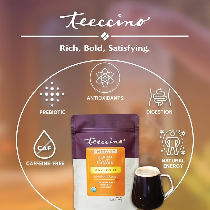 Teeccino Instant Organic Hazelnut Herbal Coffee??33 servings ??Instant Chicory Coffee Alternative with Buttery Hazelnuts Slightly Sweetened by Dates That?™s Prebiotic, Caffeine-Free & Acid Free - 3.53 ounces