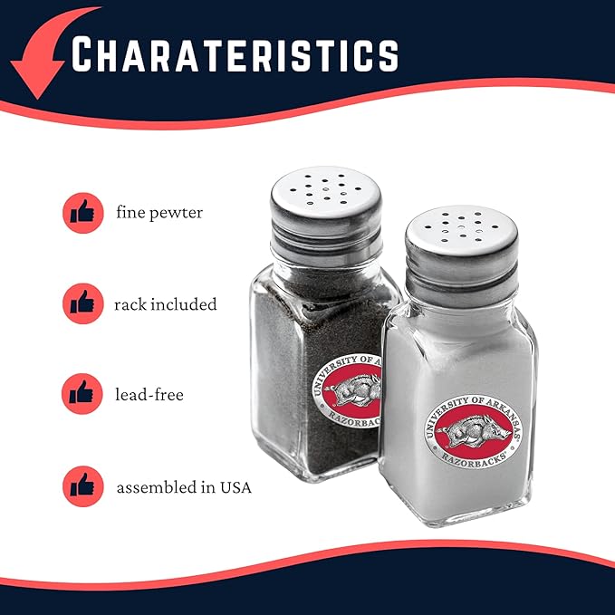 Heritage Pewter Arkansas Razorbacks Salt and Pepper Shaker Set of 2 Bottles | Expertly Crafted Pewter Glass