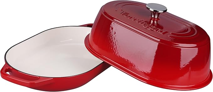 Enameled Cast Iron Dutch Oven Pot with Dome Lid, Oval Bread Oven for Homemade Sourdough Bread Baking, Oven Safe up to 500째F, 6 Quart, Red