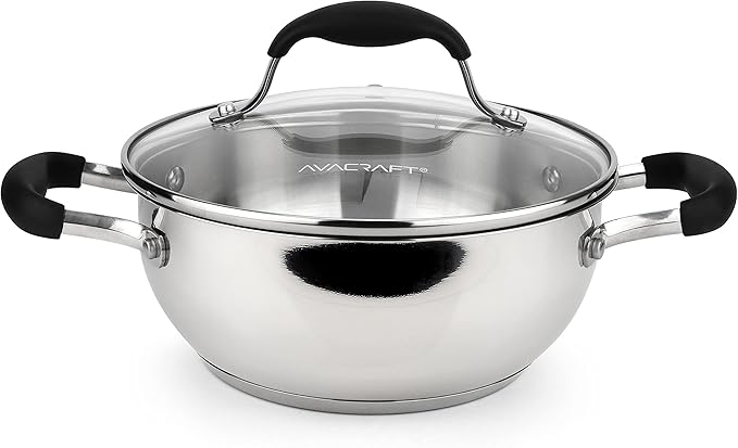 AVACRAFT 18/10 Stainless Steel Everyday Pan, Stir Fry Pan with Five-Ply Base, Chef?셲 Pan with Glass Lid, Multipurpose Stewpot Skillet, Saute Pan, Casserole in Pots and Pans (8 inch)