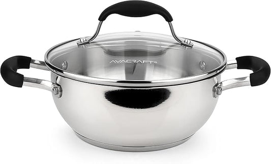 AVACRAFT 18/10 Stainless Steel Everyday Pan, Stir Fry Pan with Five-Ply Base, Chef?셲 Pan with Glass Lid, Multipurpose Stewpot Skillet, Saute Pan, Casserole in Pots and Pans (8 inch)