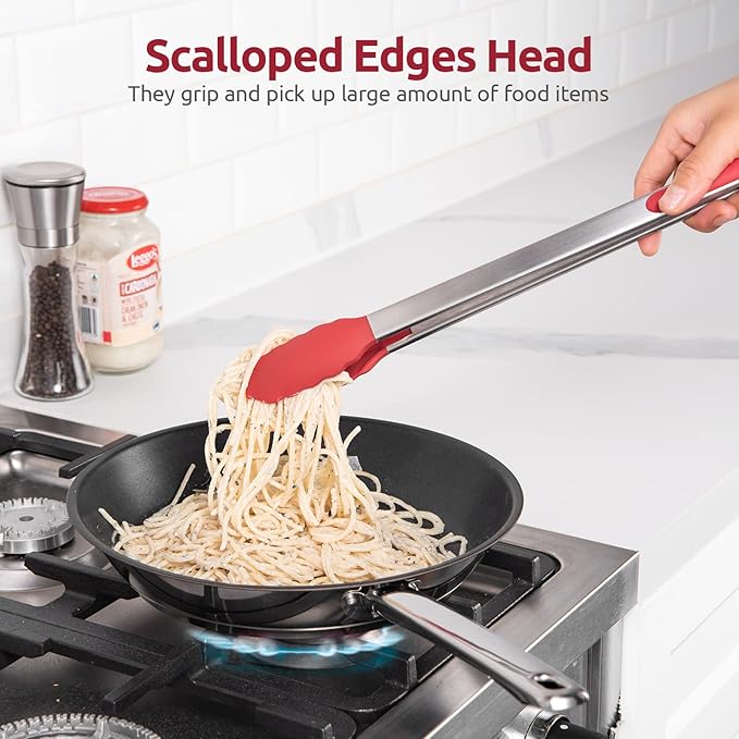 600쨘F Heat Resistant Kitchen Tongs: U-Taste 16 inch Extra Long Large Silicone Cooking Tong with Sturdy Non Stick Rubber Tips & Non Slip Silicon Coated 18/8 Stainless Steel Handle for Grilling BBQ(Red)