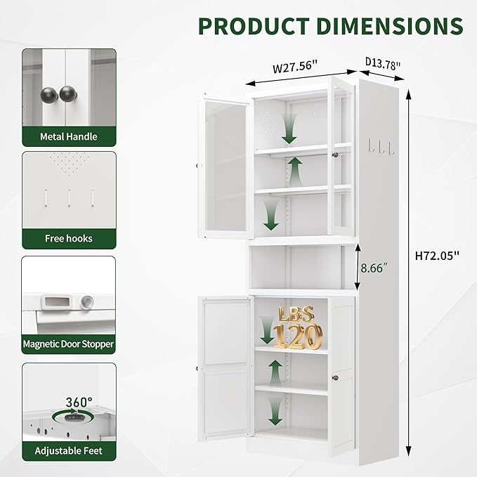 72" Tall Kitchen Pantry Cabinet,White Metal Pantry Cabinet with Countertop & 4 Adjustable Shelves,Utility Storage Cabinet Rust-Resistant for Living Room,Dining Room,Bathroom,Garage,Basement