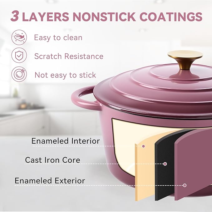 Miereirl 6 Quart Enameled Dutch Oven Pot with Lid, Cast Iron Dutch Oven with Dual Handles for Bread Baking, Cooking, Non-stick Enamel Coated Cookware, Rose