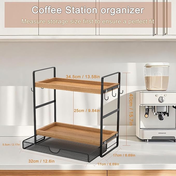 LEMIKKLE 2-Tier Wood Coffee Station Organizer with Pod Holder and Drawer, Kitchen Countertop Organizer, Coffee Bar Accessories Station with Coffee Pod Storage, Coffee Organizer