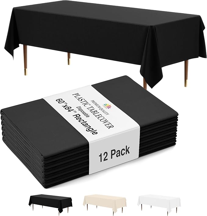 Party Solids 12-Pack Black Plastic Disposable Tablecloth ??Size: 60 횞 84 Inches ??Rectangle Table Cover for Parties, Picnics & Formal Events