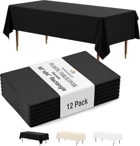 Party Solids 12-Pack Black Plastic Disposable Tablecloth ??Size: 60 횞 84 Inches ??Rectangle Table Cover for Parties, Picnics & Formal Events