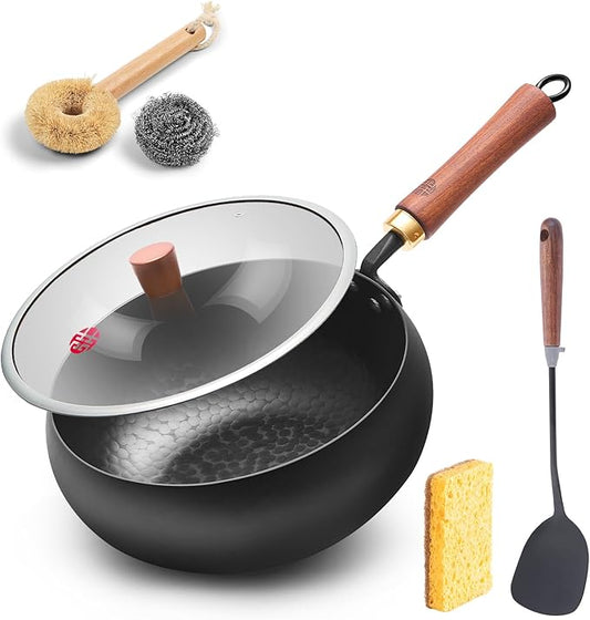 WANGYUANJI 9.5-Inch Iron Wok Pan with Lid & Spatula, Deep Flat-Bottom Stir Fry, Uncoated & Unseasoned, Induction Compatible, Upgraded Wooden Handle