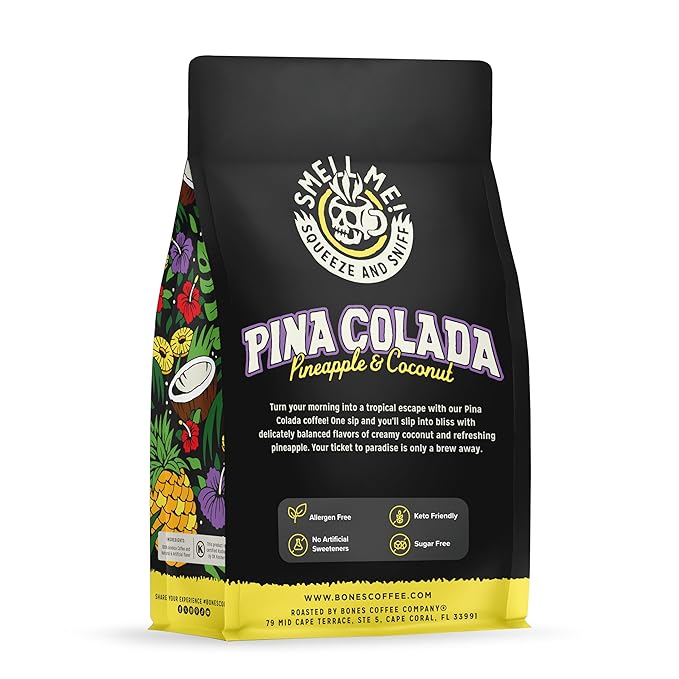 Bones Coffee Company Pina Colada, Pineapple and Coconut Flavored Coffee, Medium Roast Low Acid Arabica Beans Compatible with Auto drip and French Press Coffee Maker, 12 Oz Whole Bean