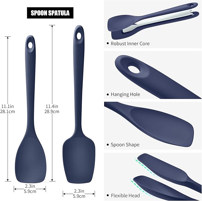 Doosu Silicone Spoon Spatula Set of 2, 600쨘F Heat-Resistant Food Grade Rubber Spoonula with Seamless Design, Non-Stick Dishwasher Safe Kitchen Utensils for Cooking Baking Mixing Scraping (Navy Blue)