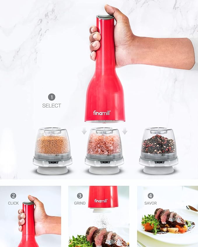 FinaMill?셲 Award-Winning Battery Operated Salt and Pepper Grinder Set ??Adjustable Coarseness, Ceramic Grinding Elements, LED Light, 2 Quick-Change Pods ??Perfect for Home Cooking and Gifting