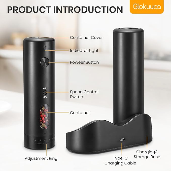 Rechargeable Salt Grinder Set Top-Refill Electric Grinders with Variable Grinding Speed, External Adjustable Coarseness, Black