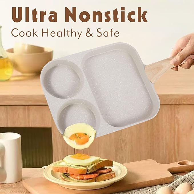 CLANK 3-in-1 Nonstick Egg Pan with Divided Nonstick Griddle, Multi-Function Breakfast Pan/Pancake Pan for Gas and Induction Cooktops, White Granite Texture