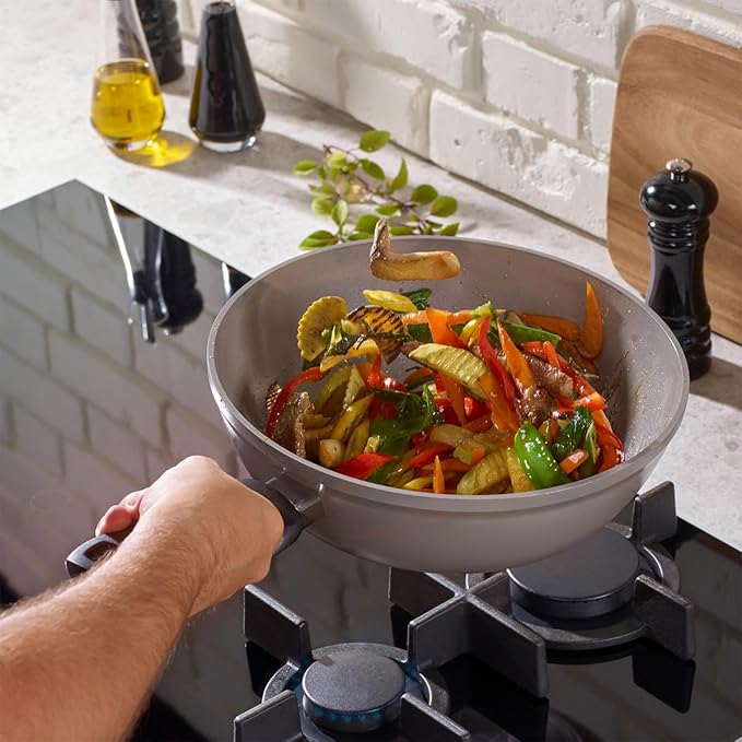 Fissler Ceratal Comfort Ceramic 11 Inch Non-Stick Wok, Warm Grey, Made without PFAS