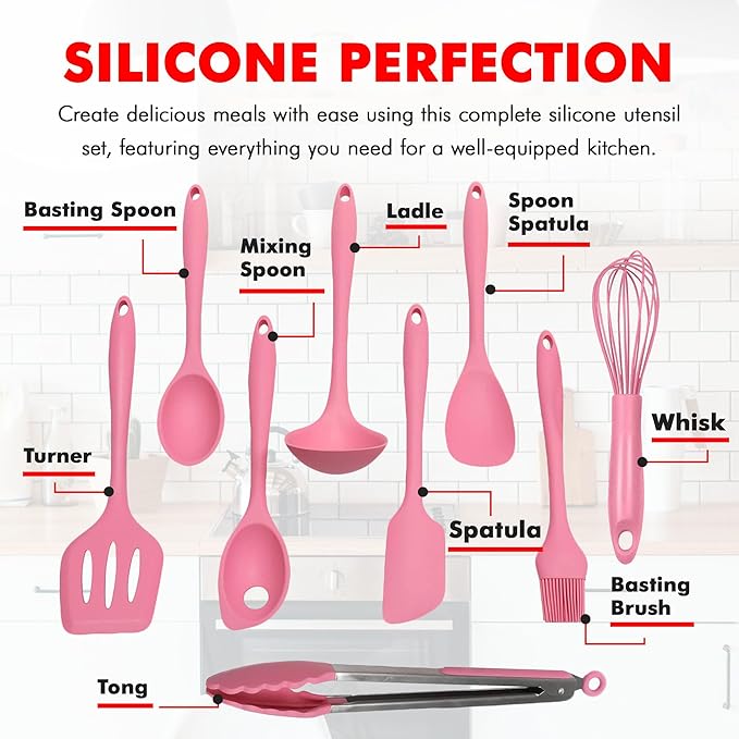 Chef Craft - Premium Silicone Kitchen Tools and Utensils Set, Non-Scratch, Withstands Temperatures up to 450째F, BPA-Free, 9 Piece Cooking Utensils Set, Pink