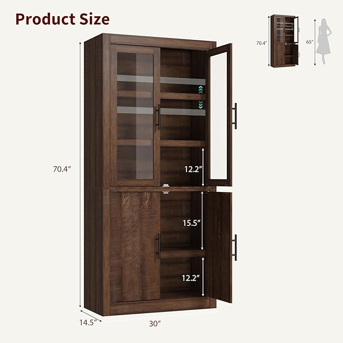 70.45??Tall Farmhouse Kitchen Pantry Cabinet, Wood Storage Cabinet with 4 Doors & Adjustable Shelves, Anti-Tip Design, Sturdy Bookcase for Kitchen/Dining/Office, Walnut-Glass
