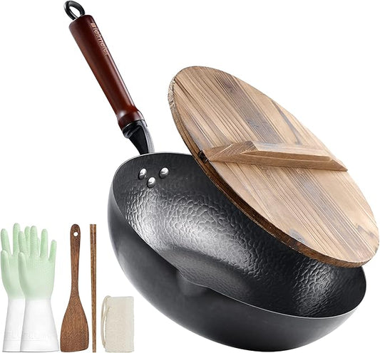 BIELMEIER Wok Pan 12.5", Stir Fry Pan with Lid, Gloves & Cookware Accessories, Carbon Steel, Suitable for All Stoves (Flat Bottom)