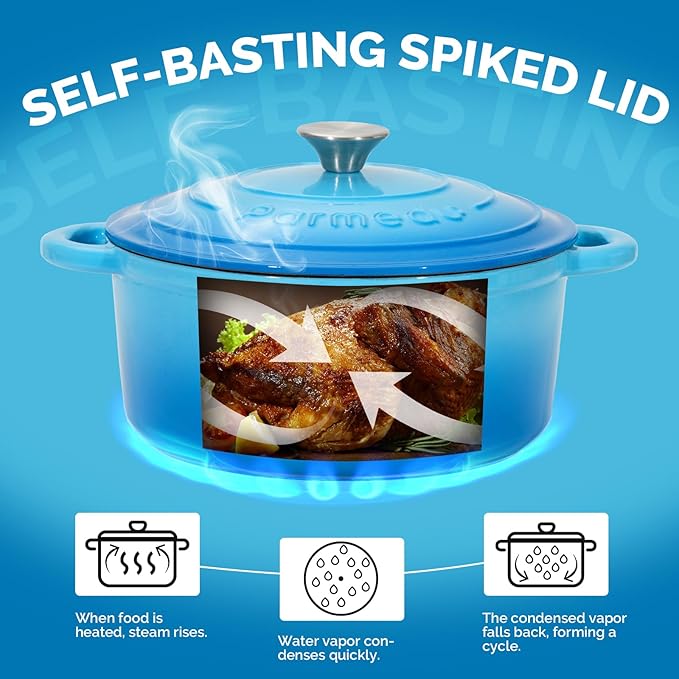 Parmedu 5.5 Quart Enameled Cast Iron Dutch Oven Pot with Lid, Heavy-Duty, Oven Safe up to 500째 F & Across All Cooktops, Perfect for Bread Baking, Stews, Braising & Roasting, Ocean Blue