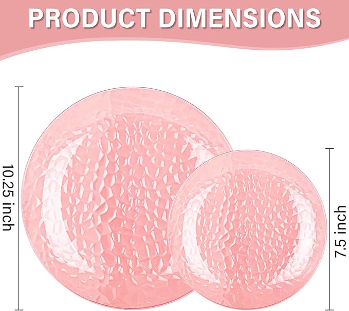 Rubtlamp 100 Pcs Clear Pink Plastic Plates Dinnerware Set, Hammered Plastic Pink Plates Set,Clear Disposable Party plates Include 50 Dinner Platos,50 Dessert Platos