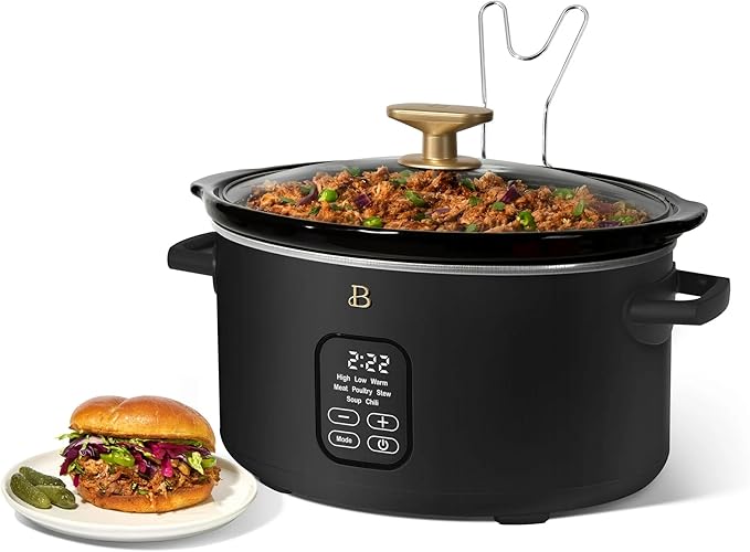 Beautiful 6 Quart Programmable Slow Cooker, 5 Cooking Presets, Digital Countdown Timer, Dishwasher Safe Parts by Drew Barrymore (Black)
