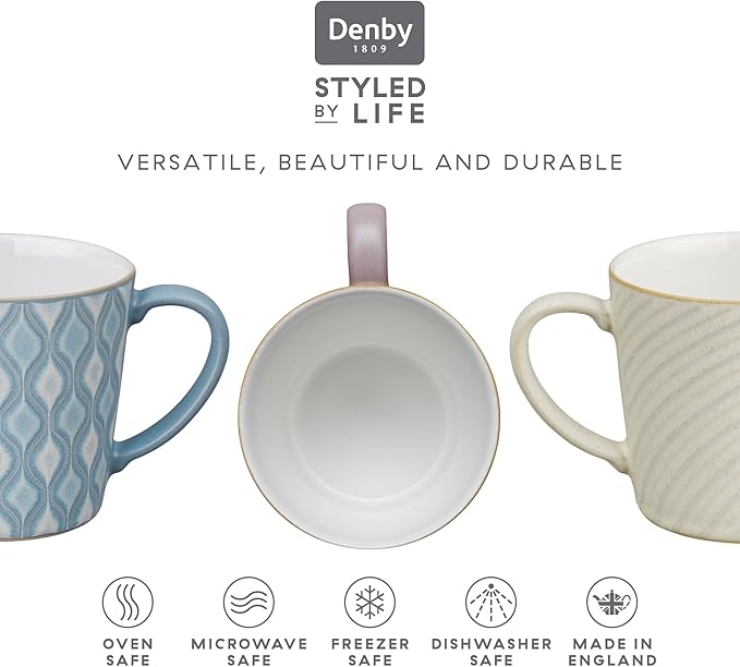 Denby - Impression Mixed Color Large Coffee Mug Set of 4-13.5oz Patterned Stoneware Ceramic Tea Mug Set Patterned, Blue, Pink, Cream, Black - Dishwasher Safe, Microwave Safe