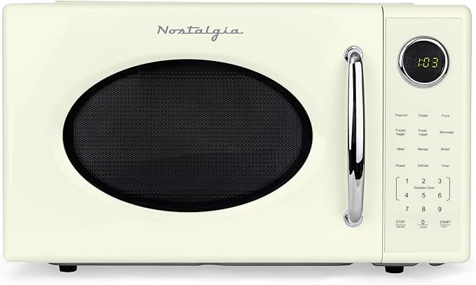 Nostalgia Retro 1000W Microwave Oven 1.1 Cu Ft Capacity ??Child Safety Lock, 8 Auto-Cook Settings ??Countertop Kitchen Appliance ??Ivory