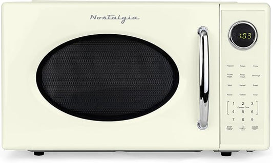 Nostalgia Retro 1000W Microwave Oven 1.1 Cu Ft Capacity ??Child Safety Lock, 8 Auto-Cook Settings ??Countertop Kitchen Appliance ??Ivory
