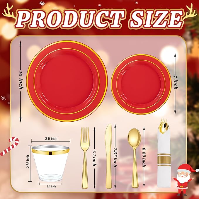 350Pieces Red Plastic Plates with Gold Rim Include 50Dinner Plate 10?? 50Dessert Plate 7?? 50 gold Cups 9 OZ, 50 Pre Rolled Napkins for Party Valentine's Day
