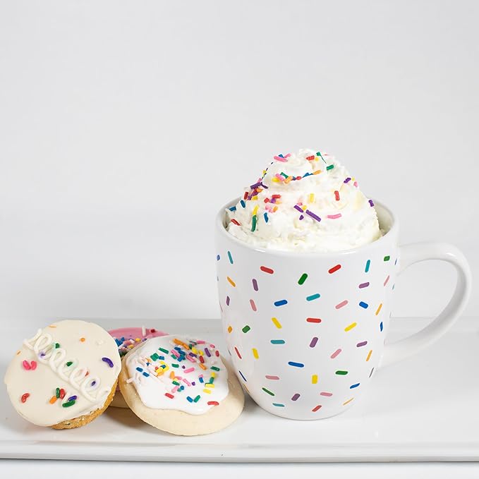 White Cute Coffee Mug with Rainbow Sprinkles | Birthday Cake Coffee Cup Gift | Large White Ceramic Cup | Ice cream and Dunkin Donuts Coffee Mugs