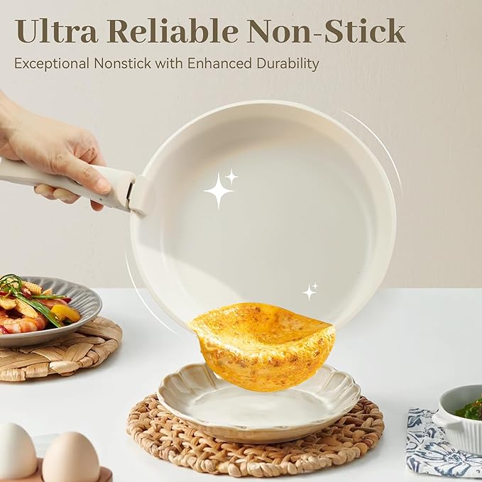 5PCS Pots and Pans Set Non Stick, Kitchen Cookware Sets with Detachable Handle, Induction Cookware Sets, Non Stick RV Cookware Cooking Set, Dishwasher 竊?Oven Safe, PFOA Free, Cream White
