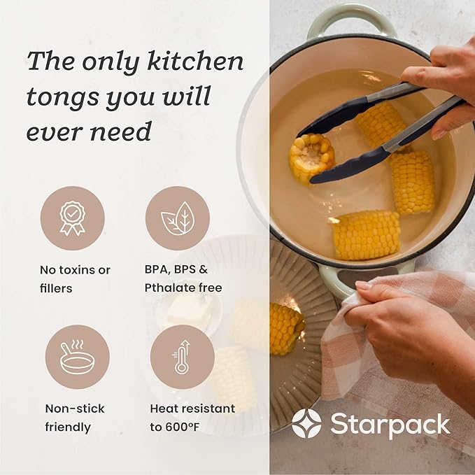 StarPack Premium Silicone Kitchen Tongs 9-Inch - Stainless Steel with Non-Stick Silicone Tips, High Heat Resistant to 600째F, For Cooking, Serving, Grill, BBQ & Salad (Stormy Grey)