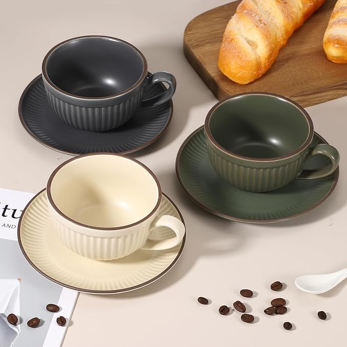 uxcell Handmade Vintage Espresso Cups, 9.5oz Stripe Coffee Cups and Saucers Ceramic Tea Cup with Handle Dishwasher and Microwave Safe for Latte Cappuccino Milk Office Home, Gray Blue