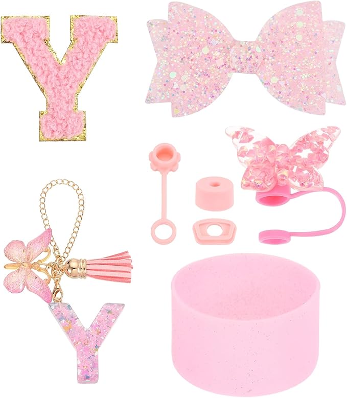 uxcell 8Pcs Cup Accessories Set for Cup Tumbler with Handle, Including Silicone Straw Cover, Boot, Spill Proof Stopper, Handle Charm, Initials Sticker(Letter Y, Pink)