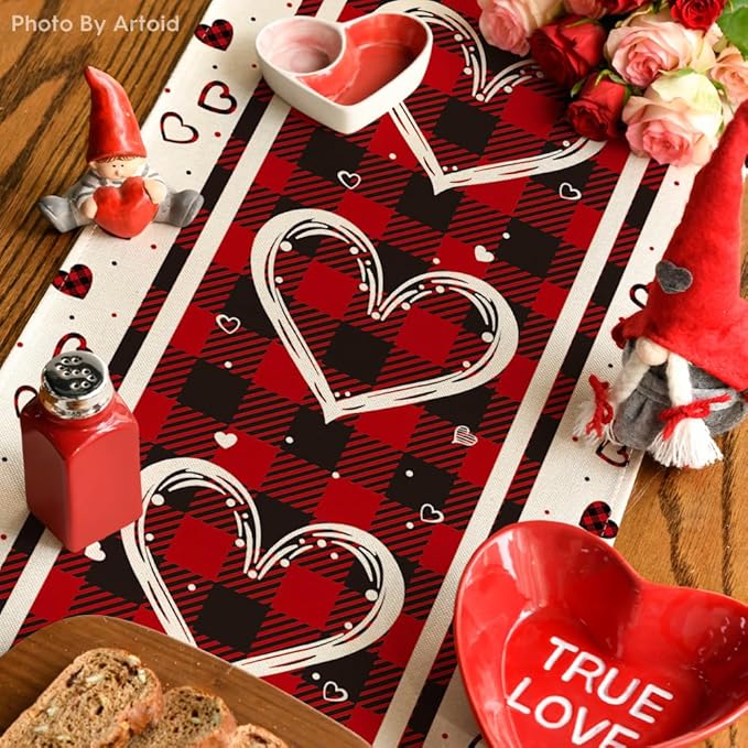 Artoid Mode Buffalo Plaid Love Hearts Valentine's Day Table Runner, Seasonal Kitchen Dining Table Decoration for Indoor Home Party 13x90 Inch
