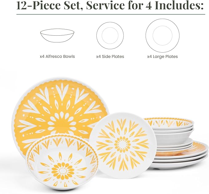 Larder & Vine 12-Piece Melamine Dinnerware Set: Durable, Lightweight, Break-Resistant Plates & Bowls ??Stylish, Non-Toxic, Dishwasher Safe ??Ideal for Everyday Use, Indoor & Outdoor Dining ??Floral