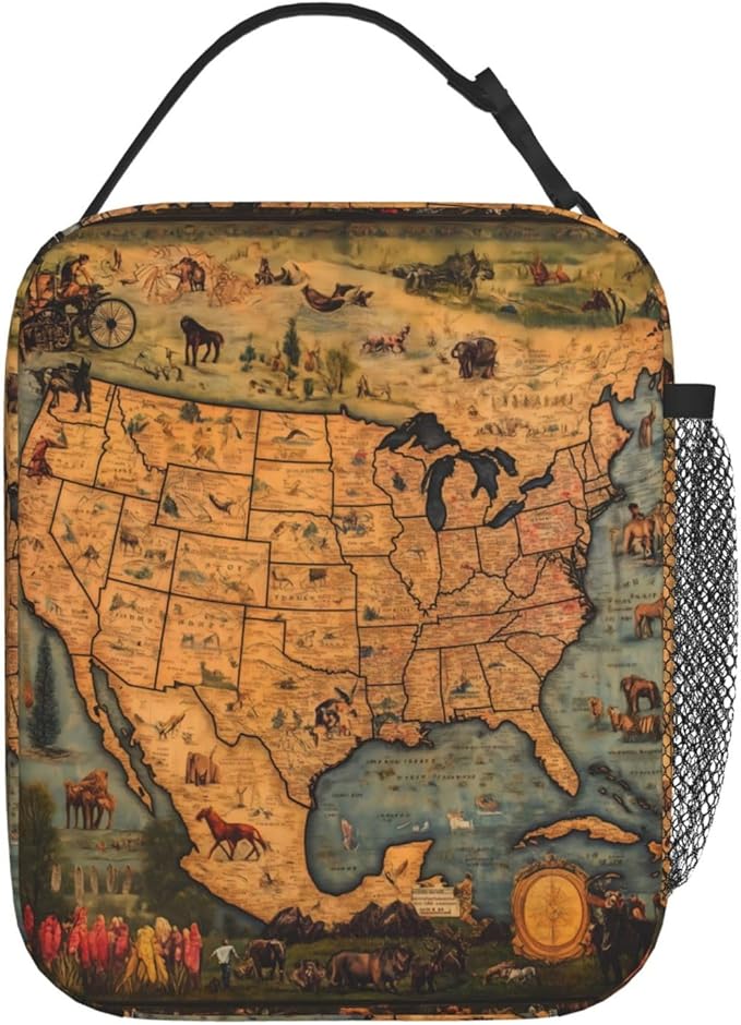 Insulated Lunch Box for Women Men, Vintage Map Theme Lunch Box Reusable Portable Lunch Bag Cooler Tote Waterproof Lunch Container for Office Picnic Work Travel