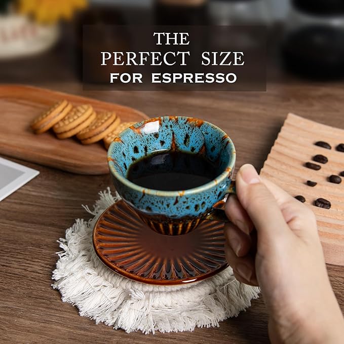 2 oz Espresso Cups Set of 2, Ceramic Cappuccino Cups with Saucers, Durable Porcelain Tea Set & Modern Coffee Cup Collection, Coffee Lover Gifts, Glazed Blue