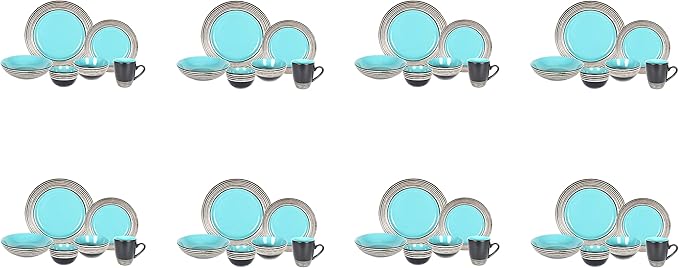 48 Piece Dinnerware Set, Ceramic Plates and Bowls Sets for 8, Microwave and Dishwasher Safe, Handcrafted Tree Bark Series Dish Set, Turquoise