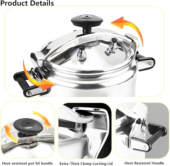26 Quart Clamp On Pressure Cooker,Heavy-Duty Aluminum Pressure Cooker with Safety Bar Locking Lock, 2 ValvesrFast Cooking,for All Stovetops (Induction Compatible), for Family or Commercial
