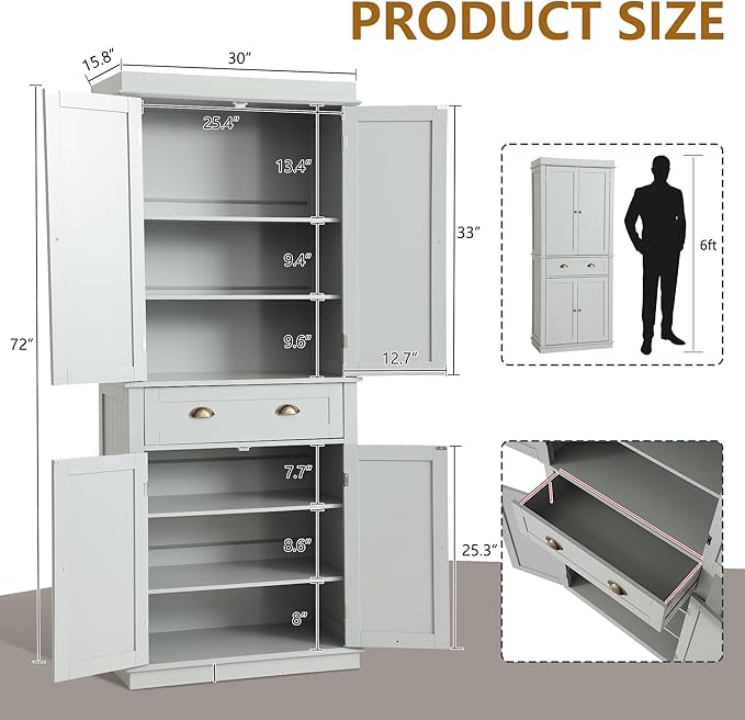 72" Kitchen Pantry Storage Cabinet, Freestanding Cupboard with 2 Cabinets, Drawer and Adjustable Shelves, Tall Storage Cabinet for Kitchen, Dinning Room, Living Room (Light Grey)