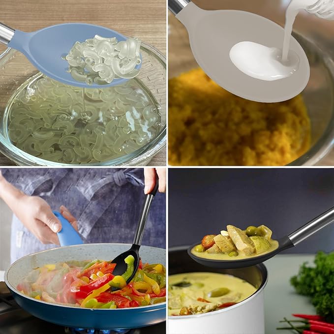 Silicone Spatula and Cooking Spoon,5 Pack Non-Stick Cooking Utensils for Kitchen竊똇eat Resistant Solid & Slotted Spoons and Spatulas, Stainless Steel Handle Coated with Silicone, Khaki